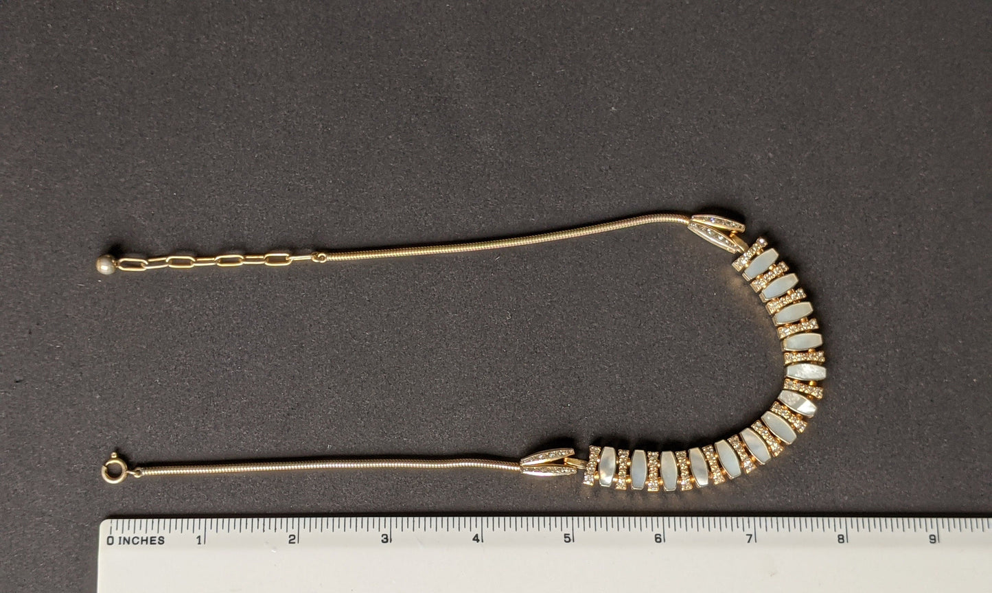 Vintage signed Esha Randel / Schreiber & Hiller Art Deco paste rhinestone and mother of pearl gilt machine age necklace, classic and chic