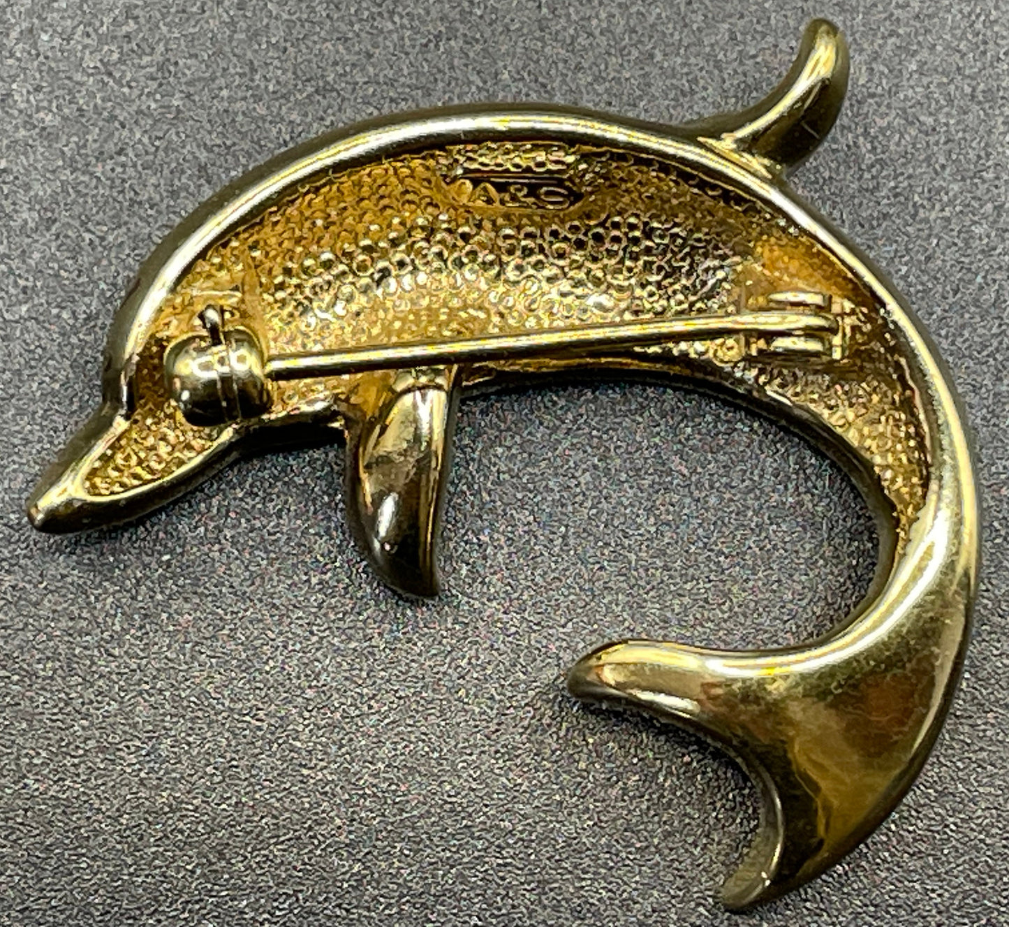 Vintage Attwood and Sawyer signed A&S 22ct gold plated, rhinestone and blue / green enamel dolphin brooch - adorable