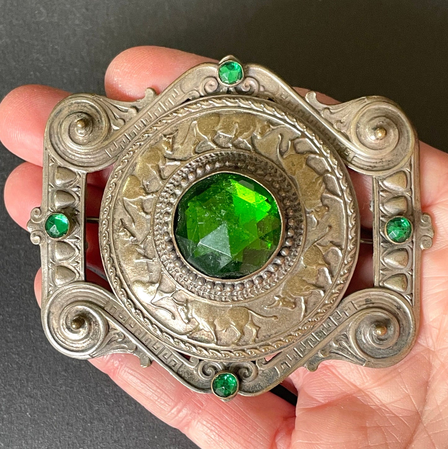 Huge vintage Apis sacred bull design brooch sash pin Art Nouveau to Art Deco Egyptian revival, emerald green rose cut rhinestones