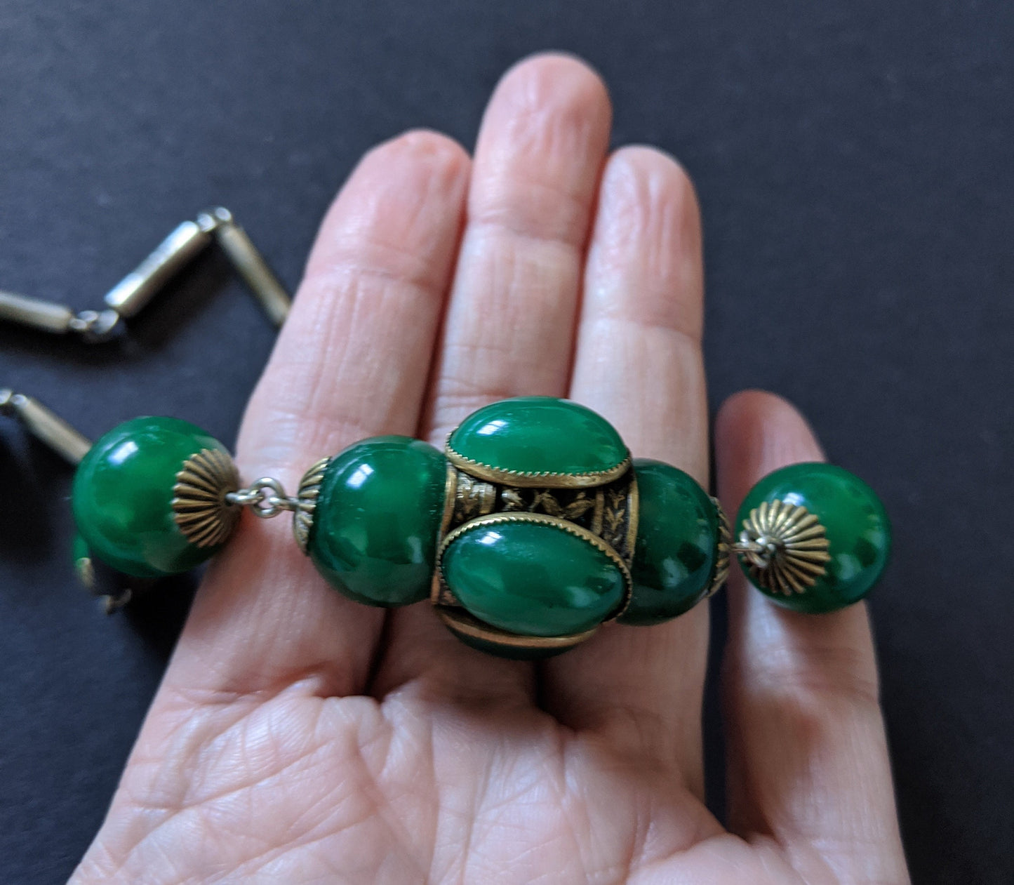 Vintage Art Deco heavy green glass bead and collet set cabochon Czech Neiger brothers or French necklace - fabulous large 3D centrepiece