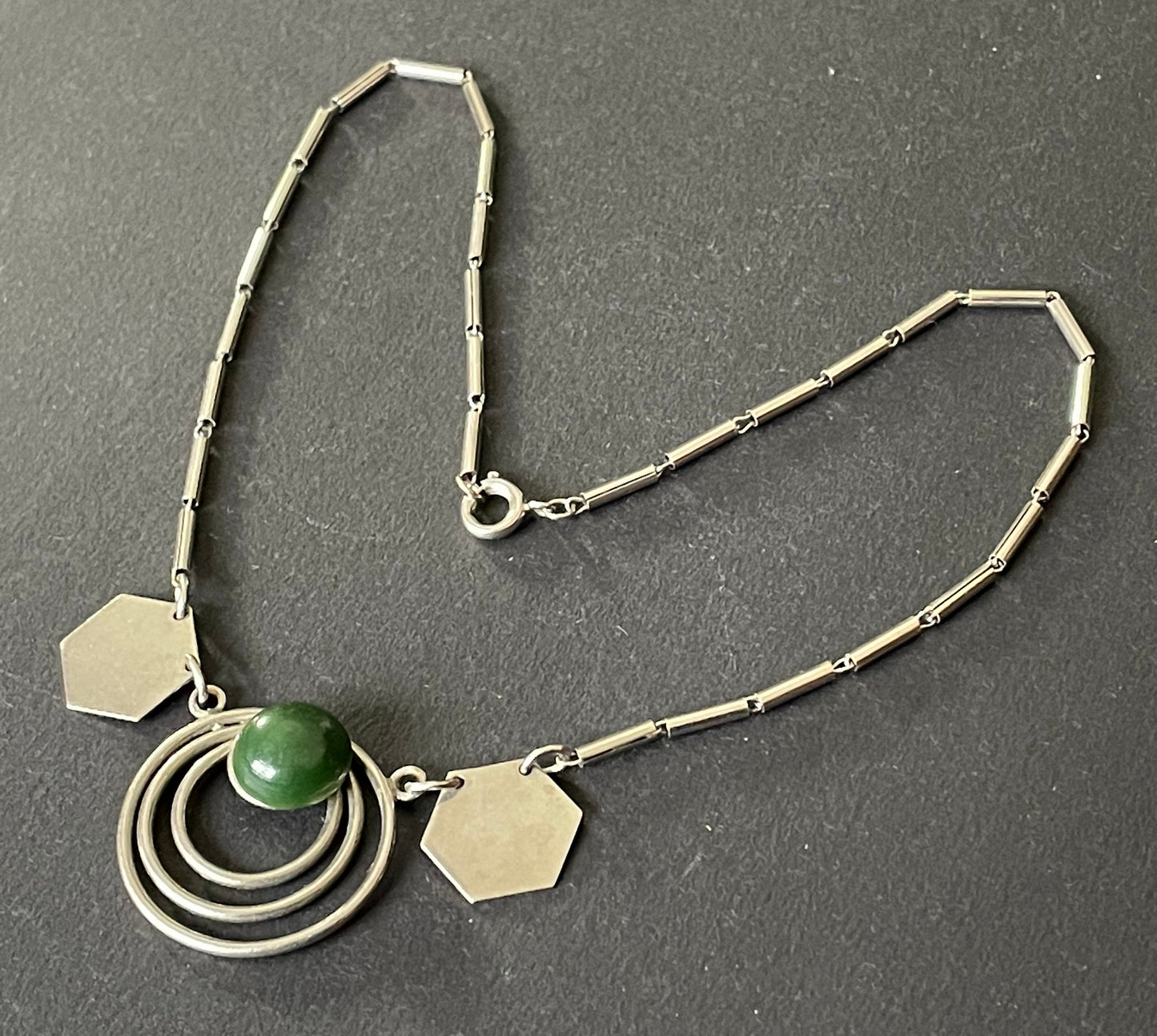 Vintage Jakob Bengel Art Deco machine age chrome and olive green galalith cabochon geometric necklace