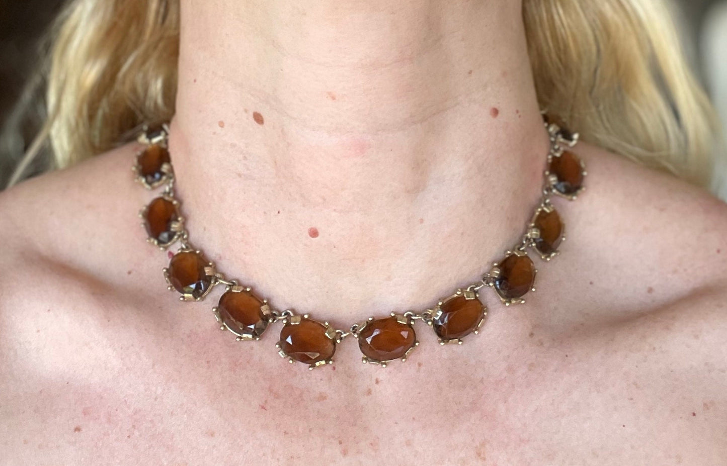 Vintage Sphinx smoky topaz glass riviere necklace and bracelet set, heavy, bezel set, open-backed stones in ornate settings