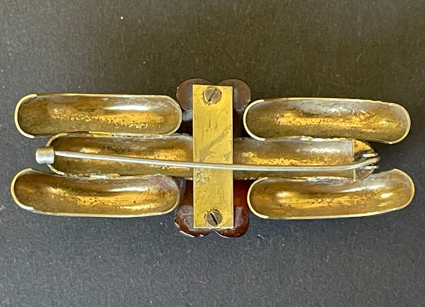 Large vintage rootbeer Bakelite (verified) and gold tone pinchbeck ? Art Deco machine age geometric brooch, classic 1930s design