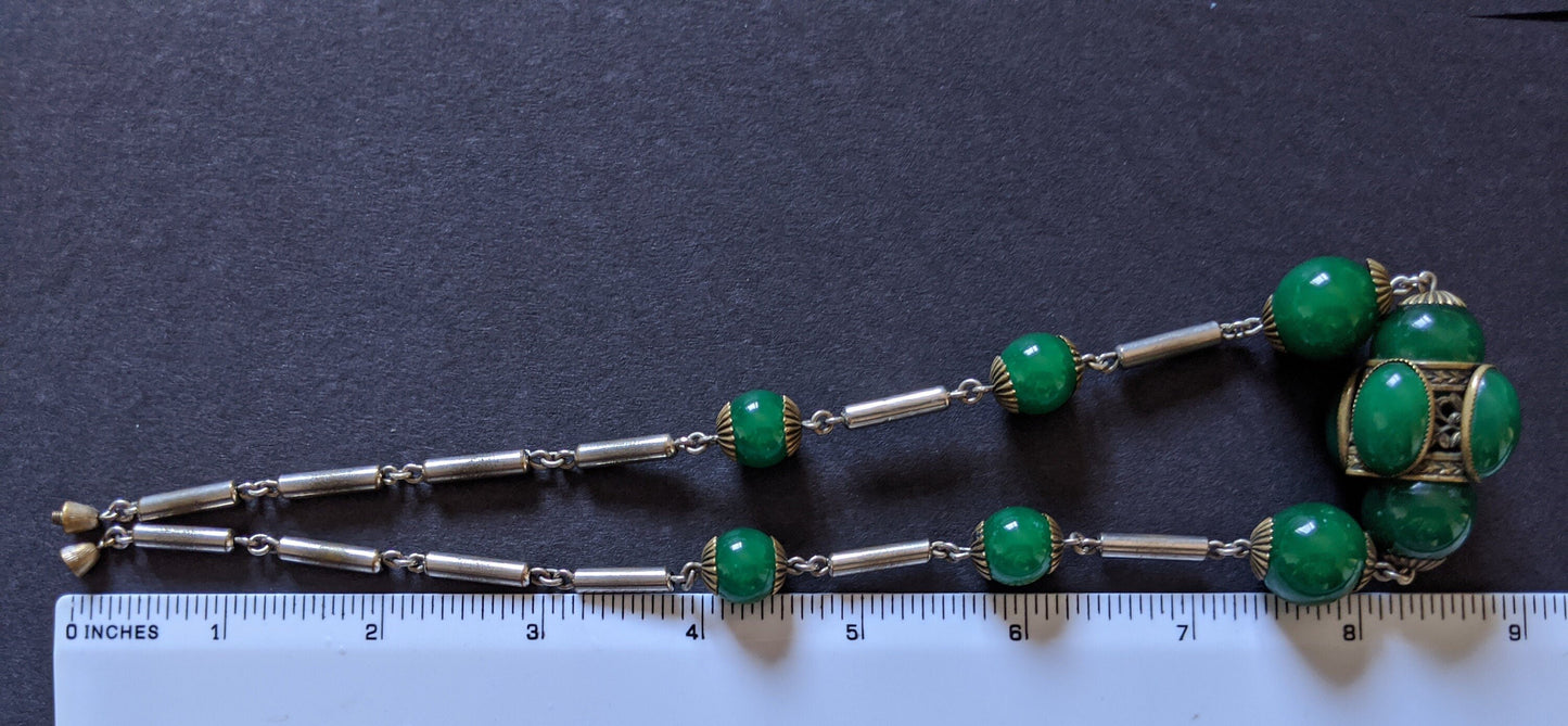Vintage Art Deco heavy green glass bead and collet set cabochon Czech Neiger brothers or French necklace - fabulous large 3D centrepiece