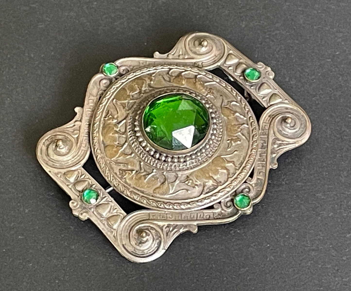 Huge vintage Apis sacred bull design brooch sash pin Art Nouveau to Art Deco Egyptian revival, emerald green rose cut rhinestones
