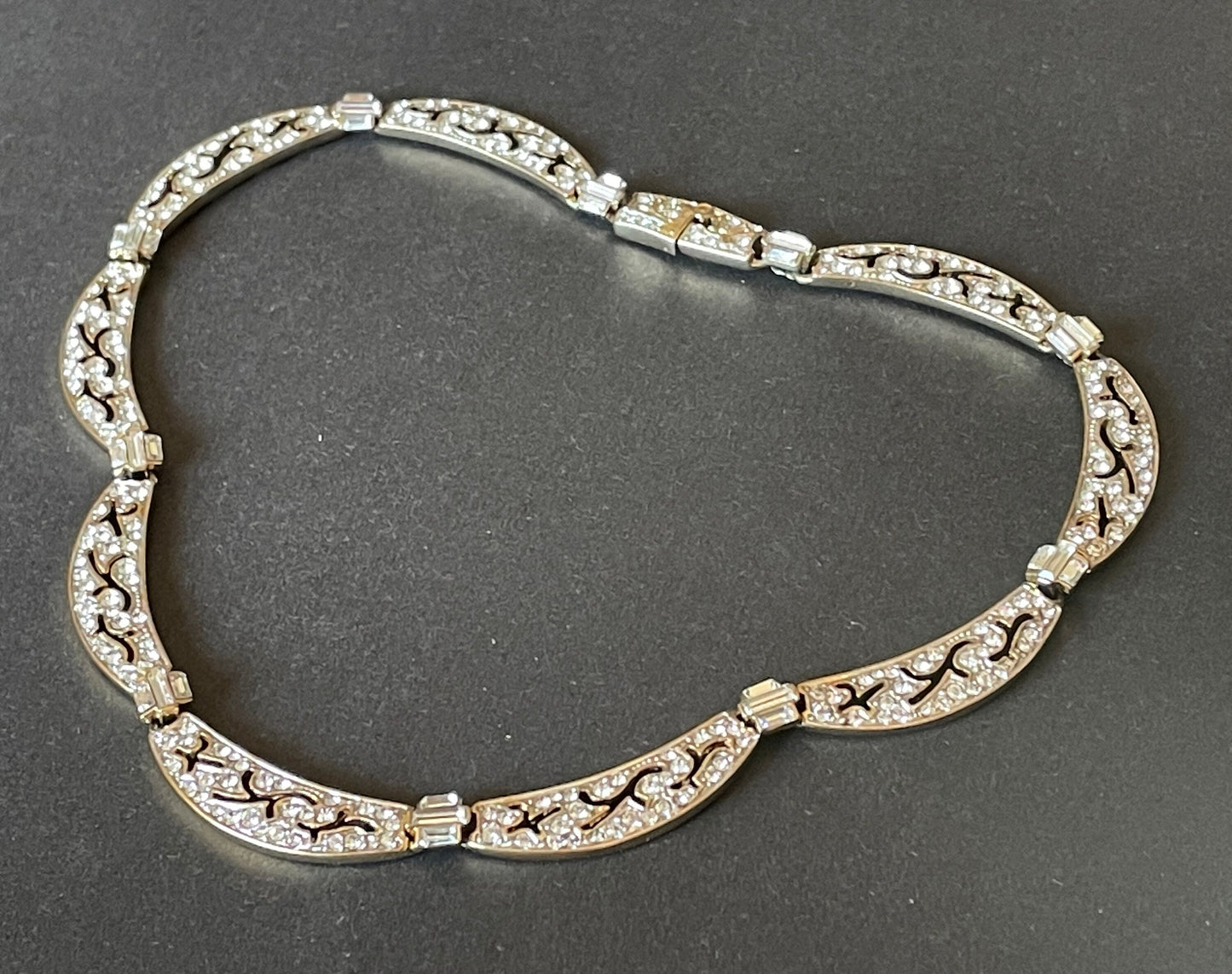 Vintage Attwood and Sawyer ( A&S ) signed antique style, ornate 22ct gold plated necklace, encrusted with clear rhinestones and cut-out design