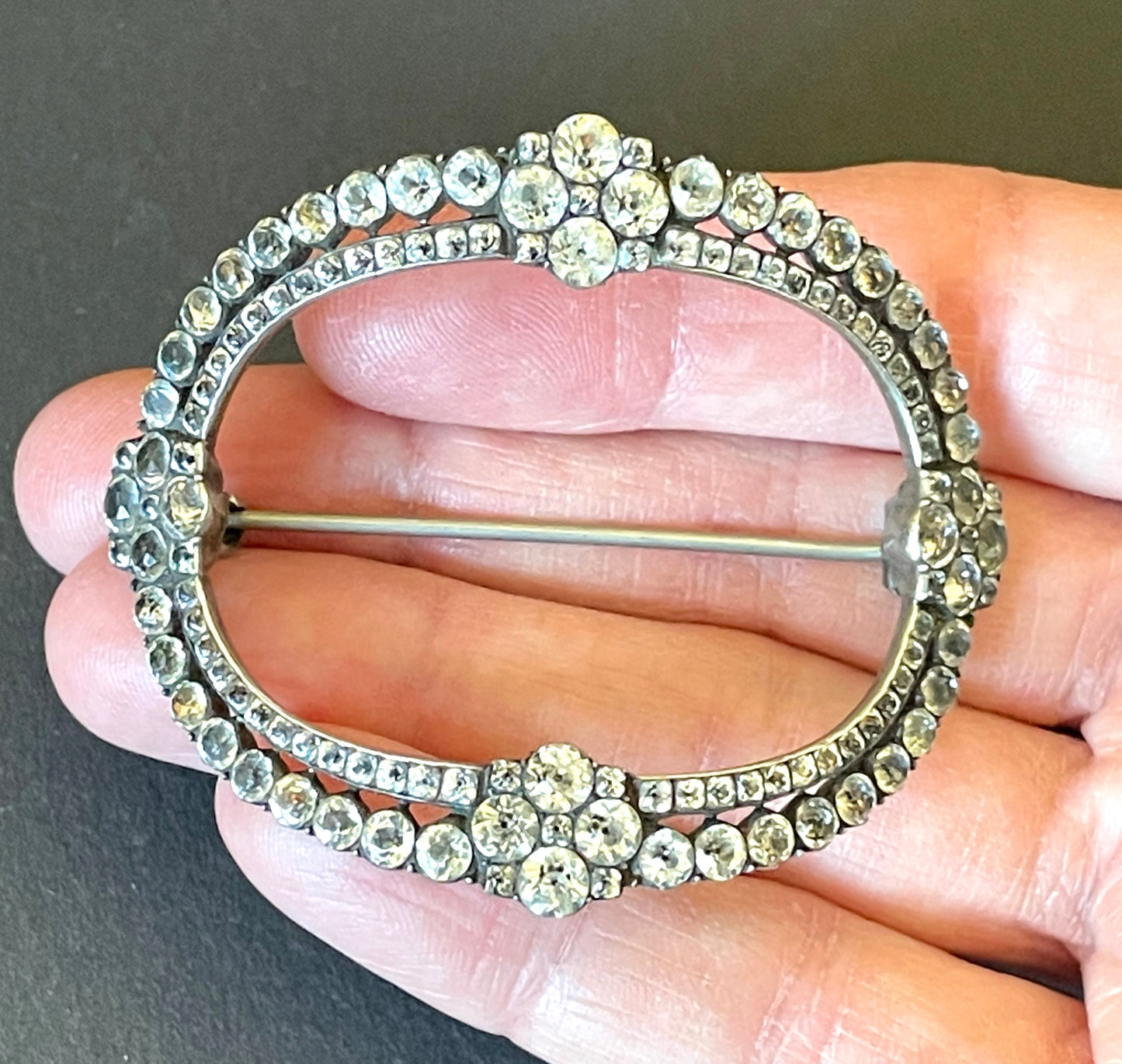 Large antique Georgian sterling silver, black dot clear paste rhinestone huge buckle brooch pin