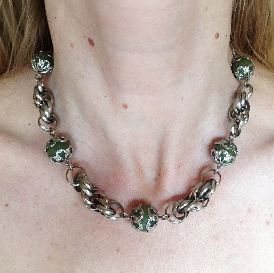 Vintage Art Deco machine age, chunky silver tone and green wood bead necklace - attributed to Jakob Bengel