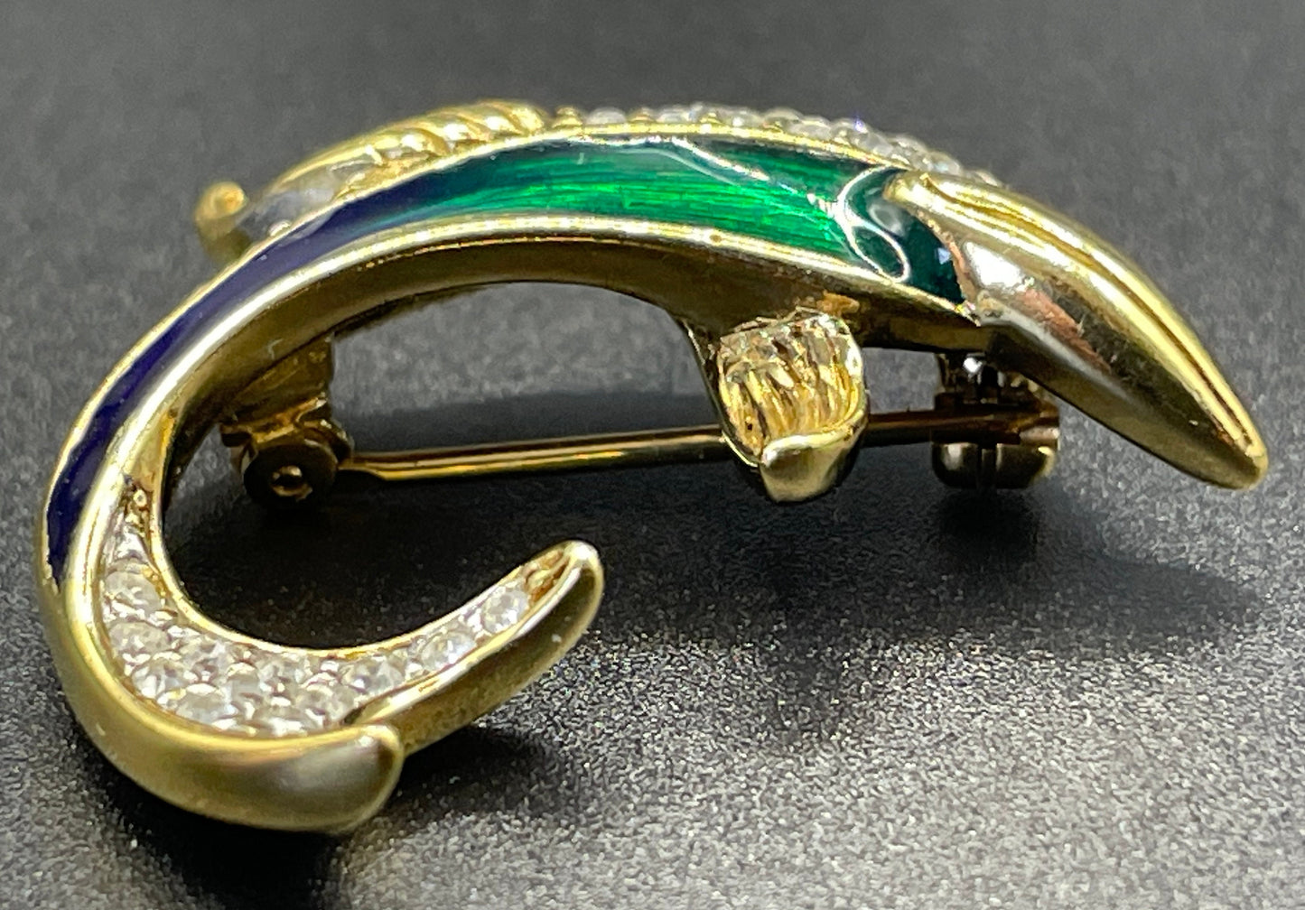 Vintage Attwood and Sawyer signed A&S 22ct gold plated, rhinestone and blue / green enamel dolphin brooch - adorable