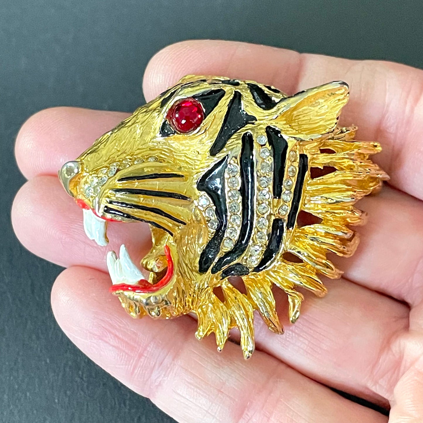 Huge vintage fierce tiger head brooch - red glass cabochon, rhinestone and enamel - in the style of Hattie Carnegie, Gucci, Butler & Wilson