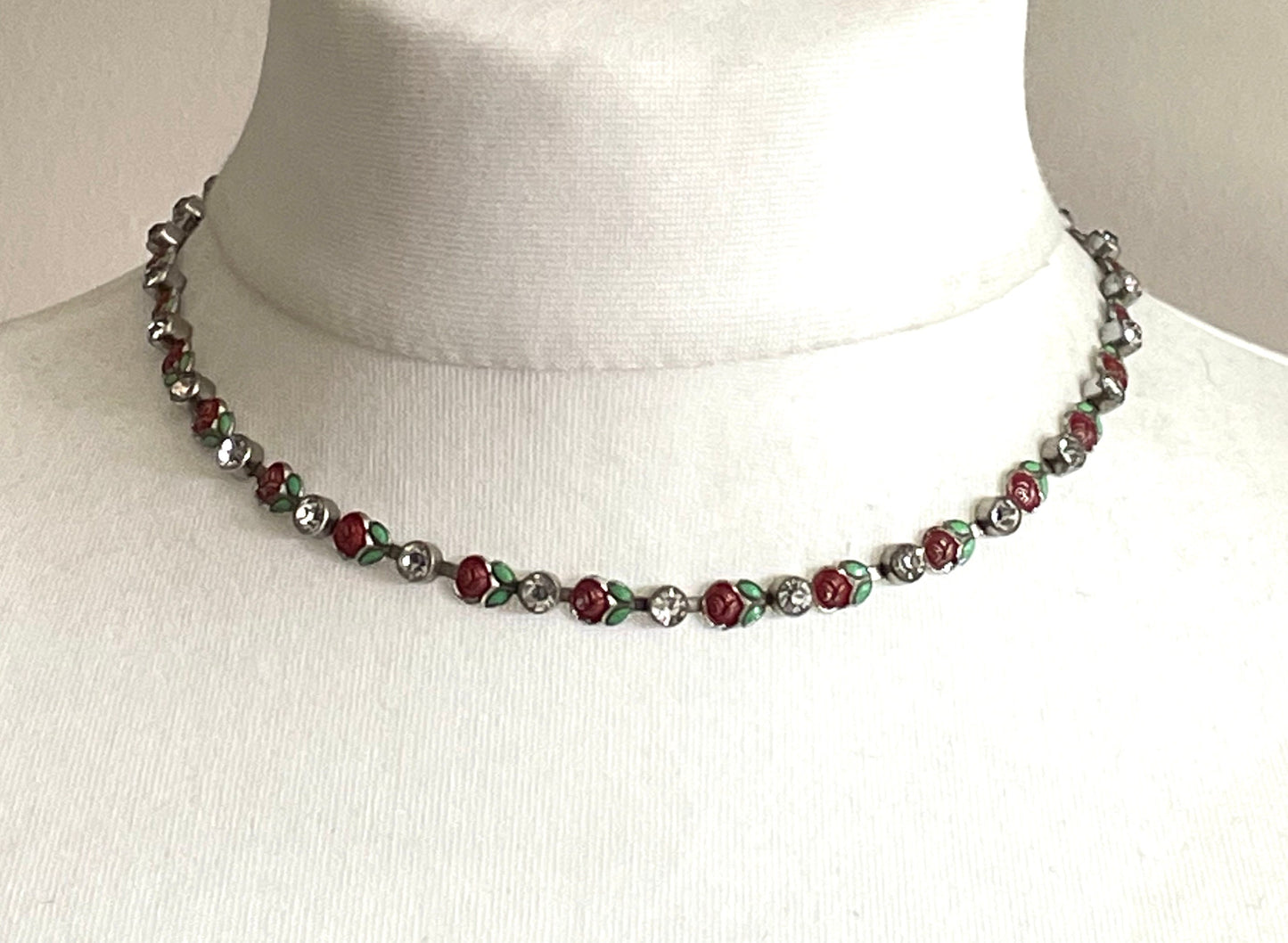 Vintage Art Deco Czech crystal paste, green & red enamel and silver tone collet set riviere necklace, beautiful red rose and leaf design