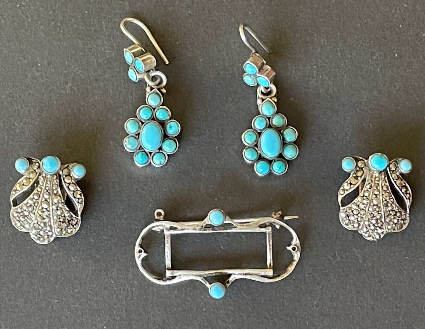 Vintage / antique sterling silver and turquoise duette (a brooch that can be converted to a brooch and 2 dress clips) and drop earrings set