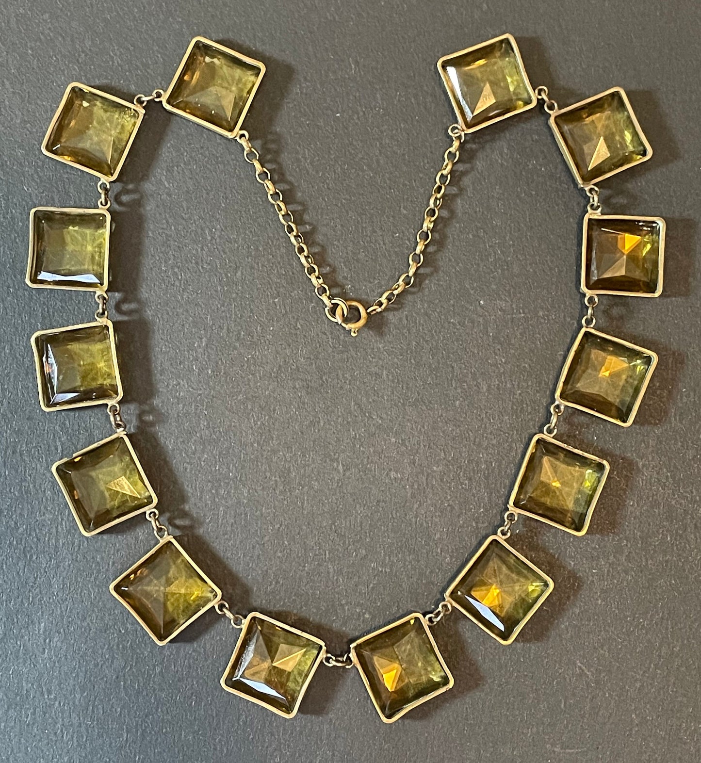 Antique late 19th century citrine yellow / orange crystal riviere necklace, huge bezel set open backed princess cut square rhinestones