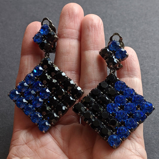 Vintage huge Butler and  Wilson 1980s signed B&W electric blue and black rhinestone and darkened silver tone statement clip on earrings