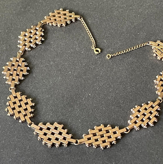 Vintage Jakob Bengel Art Deco brickwork / mauerwerk machine age gold tone choker necklace, geometric design