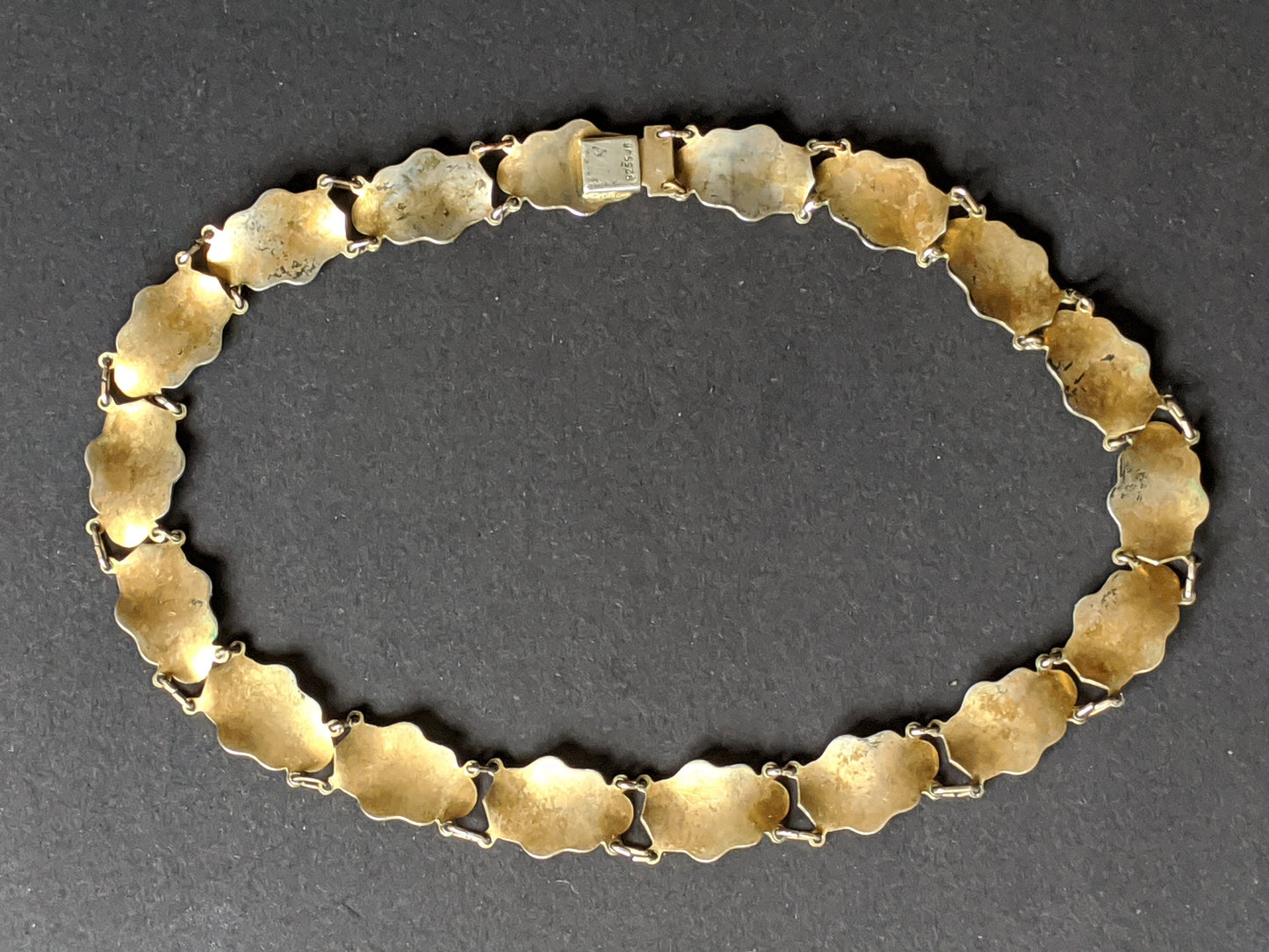 Vintage signed Norwegian John Baalerud sterling silver gilt and white guilloche enamel oak leaf design choker necklace, 1960s, in box