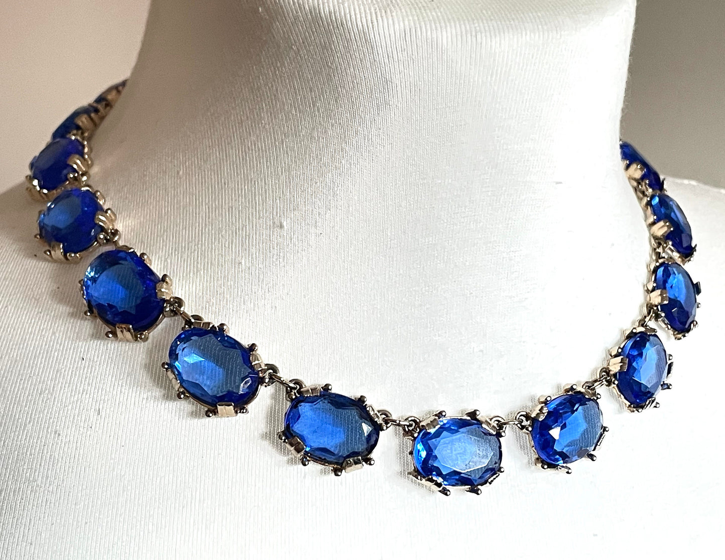 Vintage vibrant royal blue large crystal riviere necklace and bracelet set, by Sphinx, a very rare colour