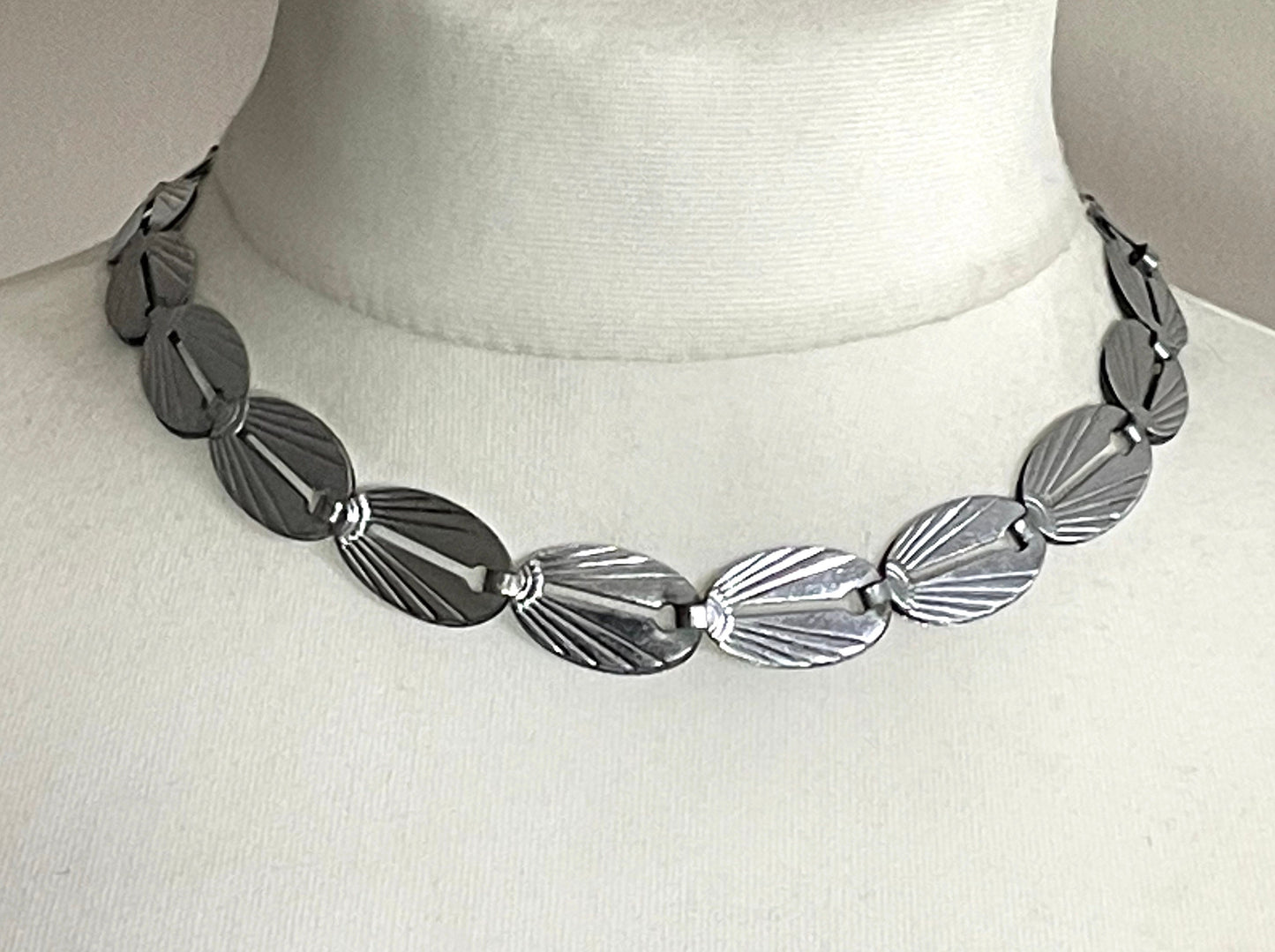 Vintage Jakob Bengel Art Deco machine age chrome geometric necklace from the 1930s