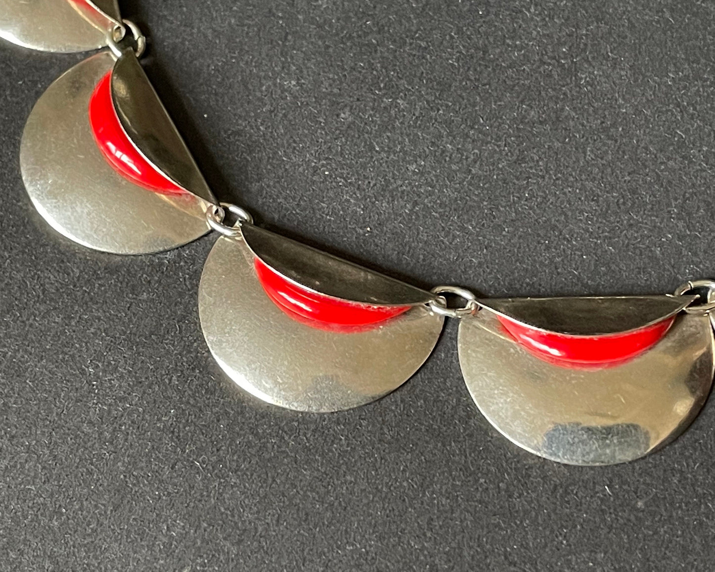 Vintage Jakob Bengel Art Deco machine age necklace, bright red galalith geometric shapes with shiny silver tone chrome folded discs