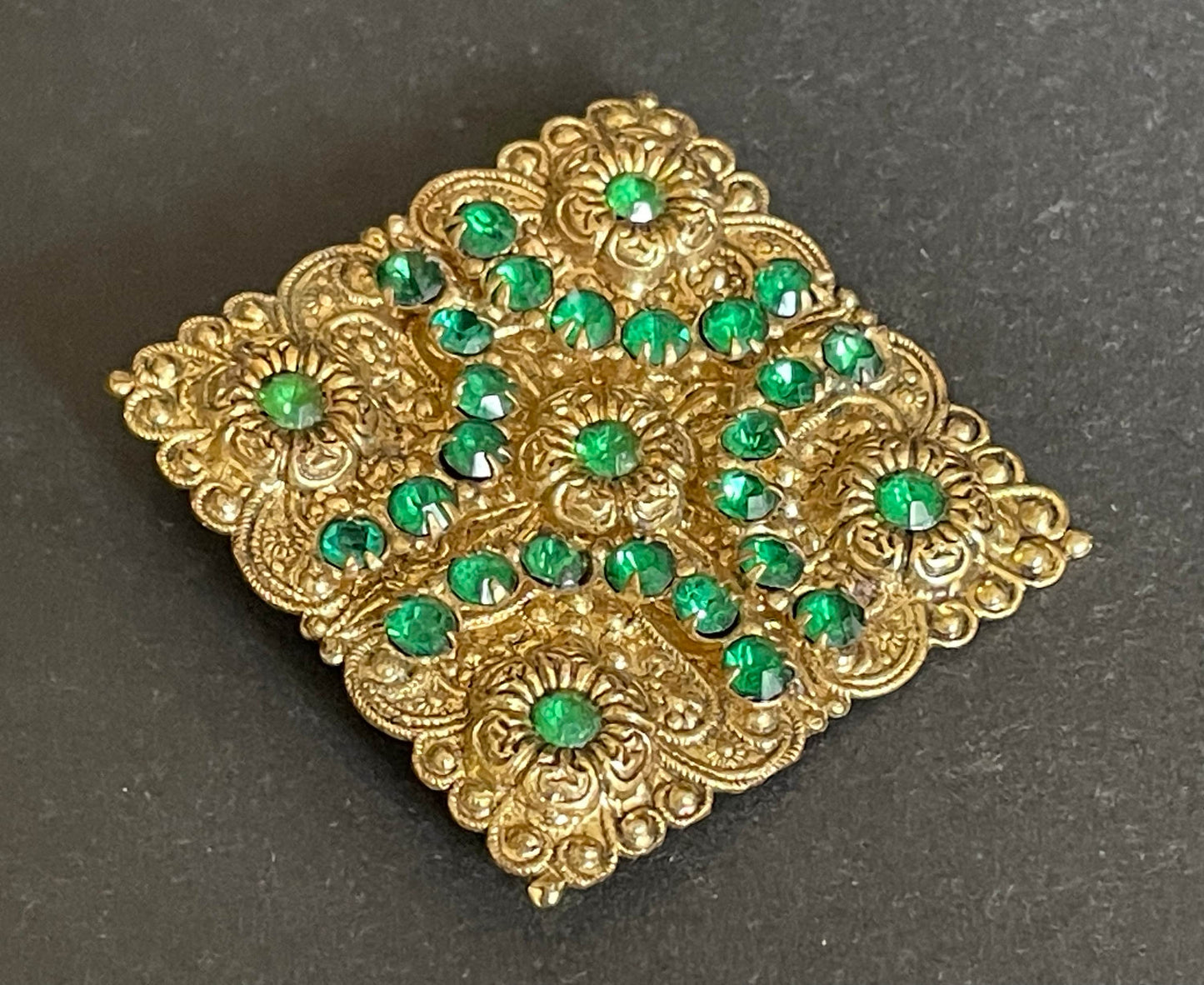 Large vintage Art Deco emerald green rhinestone and gold tone filigree Czech statement square brooch, flower design, Max Neiger style