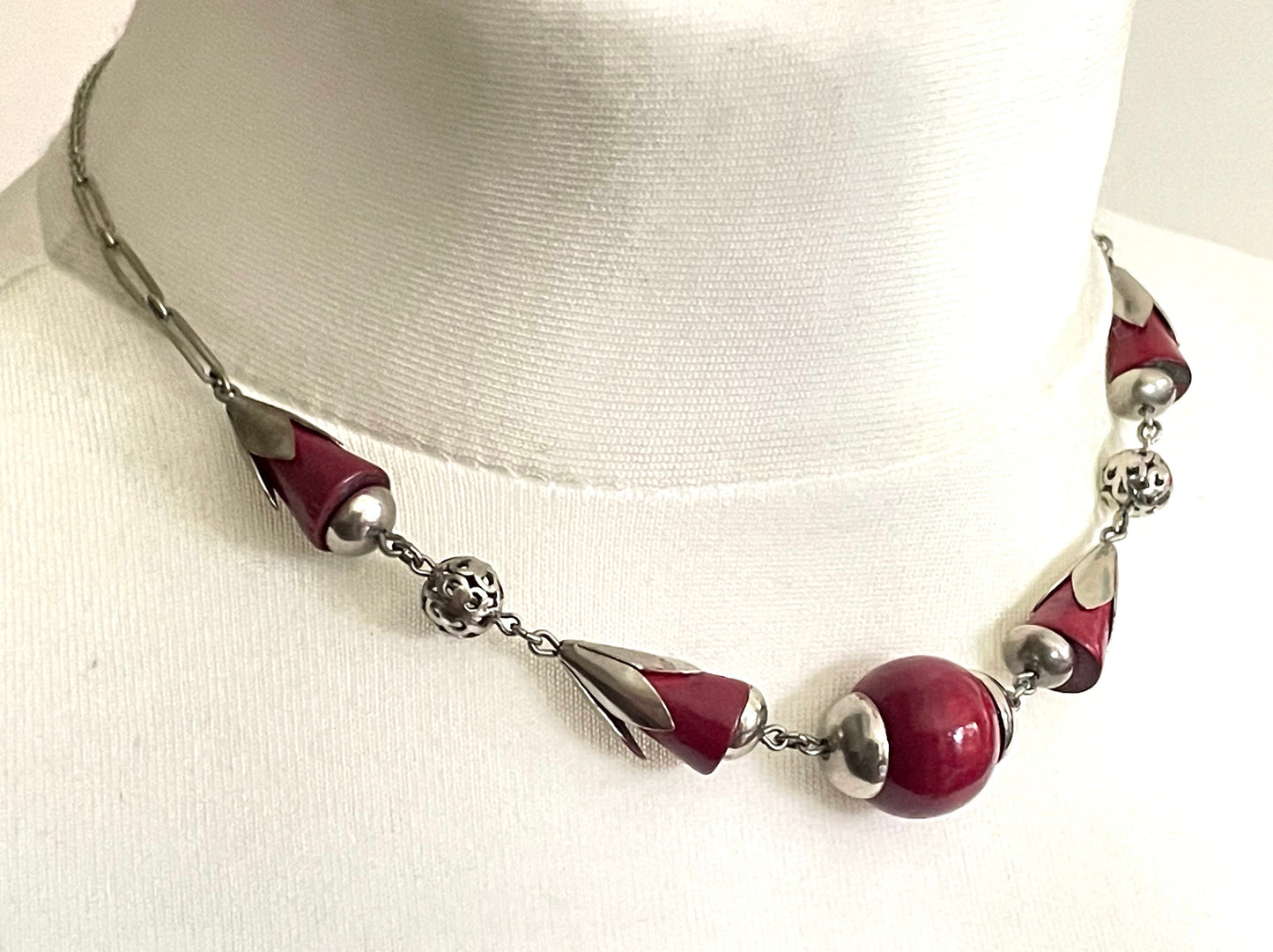 Vintage Jakob Bengel Art Deco machine age silver tone / chrome and deep cherry red galalith bead chunky geometric statement necklace