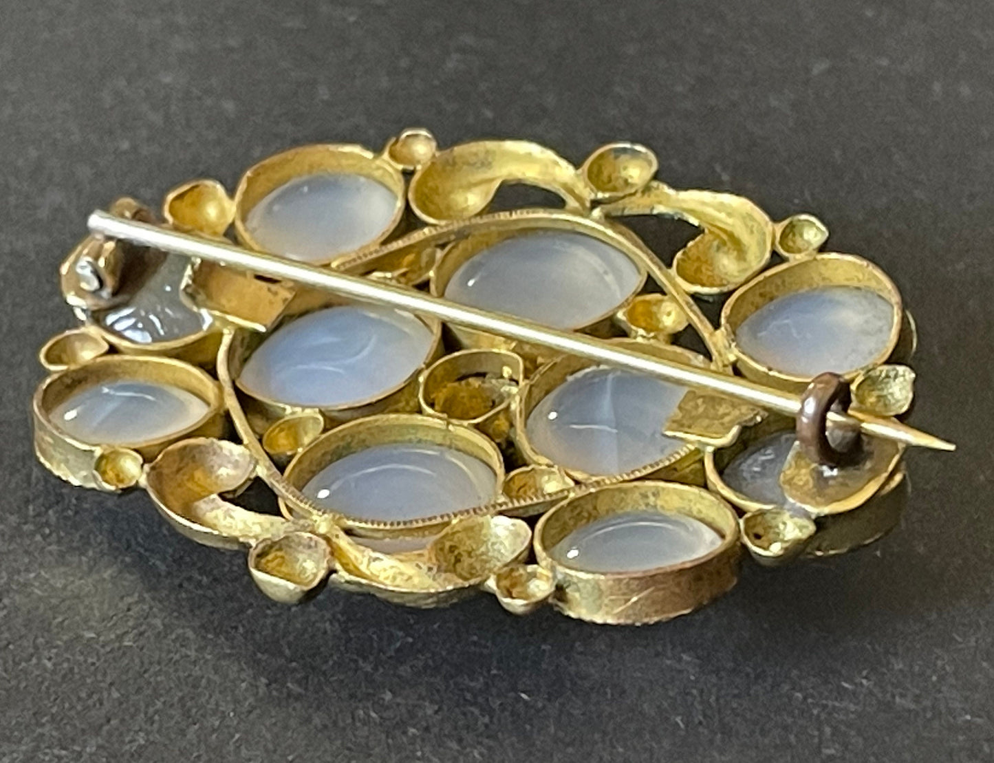 Antique Georgian gold tone yellow metal possibly pinchbeck and natural moonstone cabochon brooch pin, beautiful