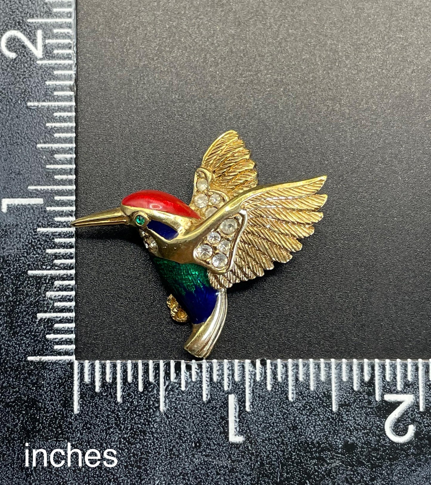 Vintage signed Attwood and Sawyer A&S 22ct gold plated, blue, red and green enamel and rhinestone petite bird kingfisher brooch