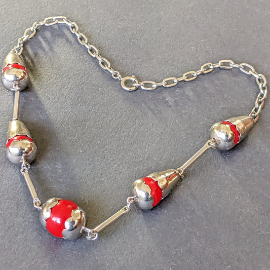 Vintage Jakob Bengel Art Deco machine age silver tone / chrome and bright red galalith bead chunky geometric statement necklace