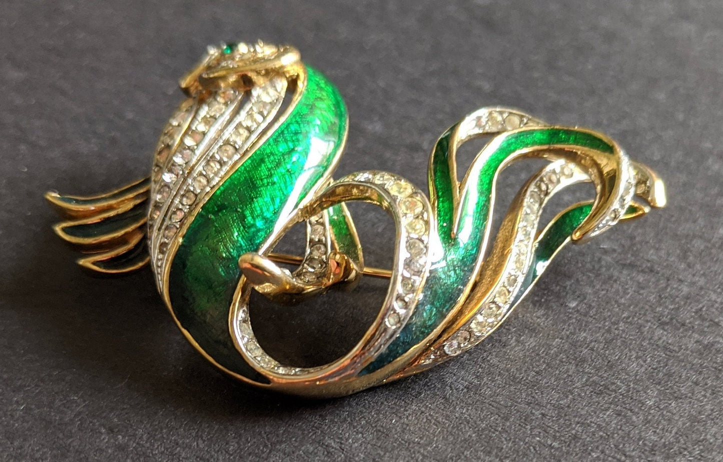 Vintage Attwood and Sawyer large fish brooch, gold plated, green enamel and rhinestone, signed A&S, uncommon design