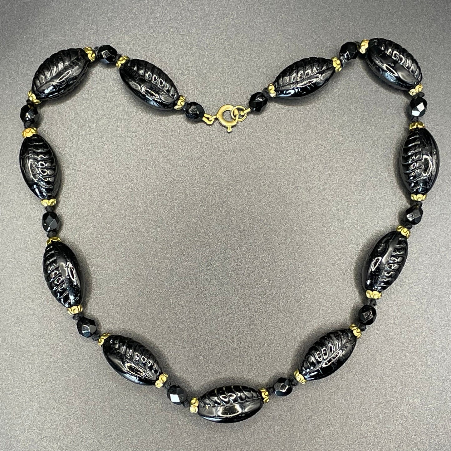 Vintage Art Deco French jet moulded glass beaded necklace, Neiger style pressed black glass czech beads