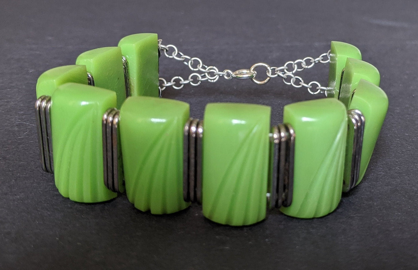 Vintage Jakob Bengel Art Deco machine age geometric chrome and chunky green galalith wide cuff bracelet