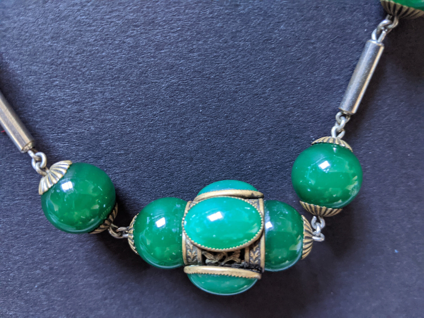 Vintage Art Deco heavy green glass bead and collet set cabochon Czech or French necklace - fabulous large 3D centrepiece