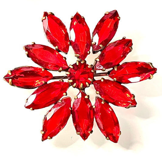 Large vintage Art Deco ruby / garnet red glass rhinestone, open-backed, gold tone brooch pin, stunning vibrant colour