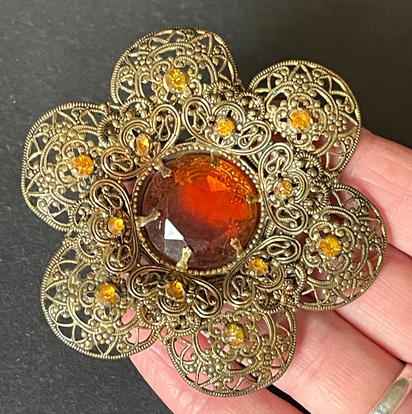 Huge vintage Max Neiger style Art Deco topaz orange glass rhinestone Czech brooch in antique gold tone filigree