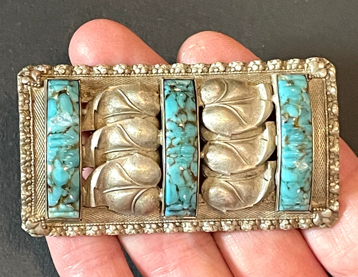 Huge vintage faux turquoise art glass cabochon brooch, Art Deco Czech, antique silver tone with leaf design (read description for condition)