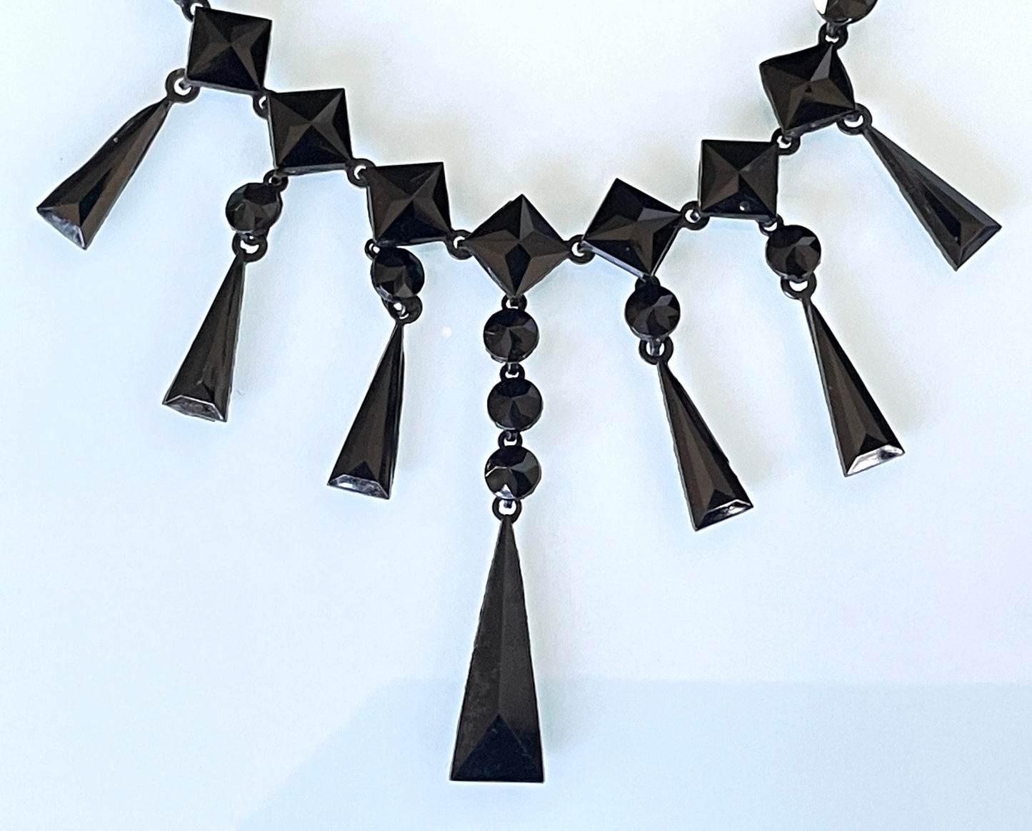 Antique French jet fringe necklace - Victorian Vauxhall glass, black faceted glass jet stones