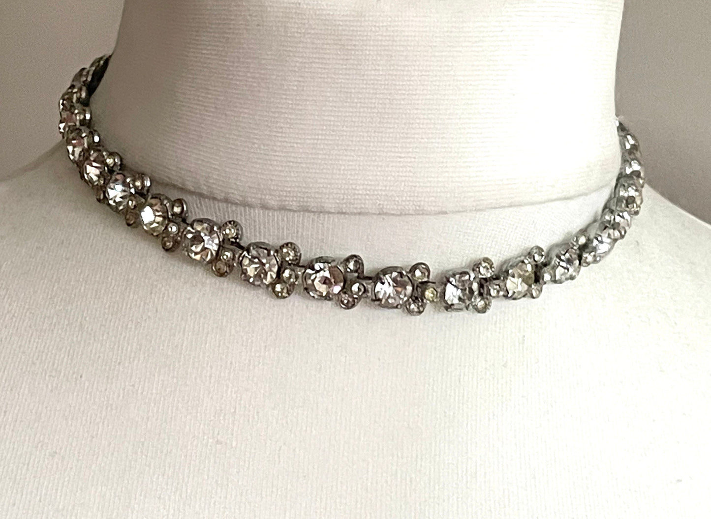 Vintage Art Deco ice clear paste and chrome silver tone machine age riviere choker necklace and cocktail bracelet demi-parure set