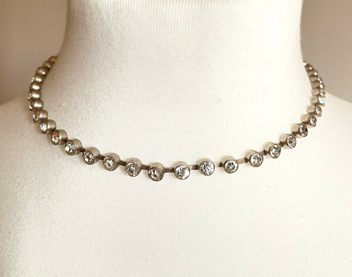 Vintage 1930s Art Deco collet set paste rhinestone and silver tone tennis / cocktail riviere choker necklace and bracelet set