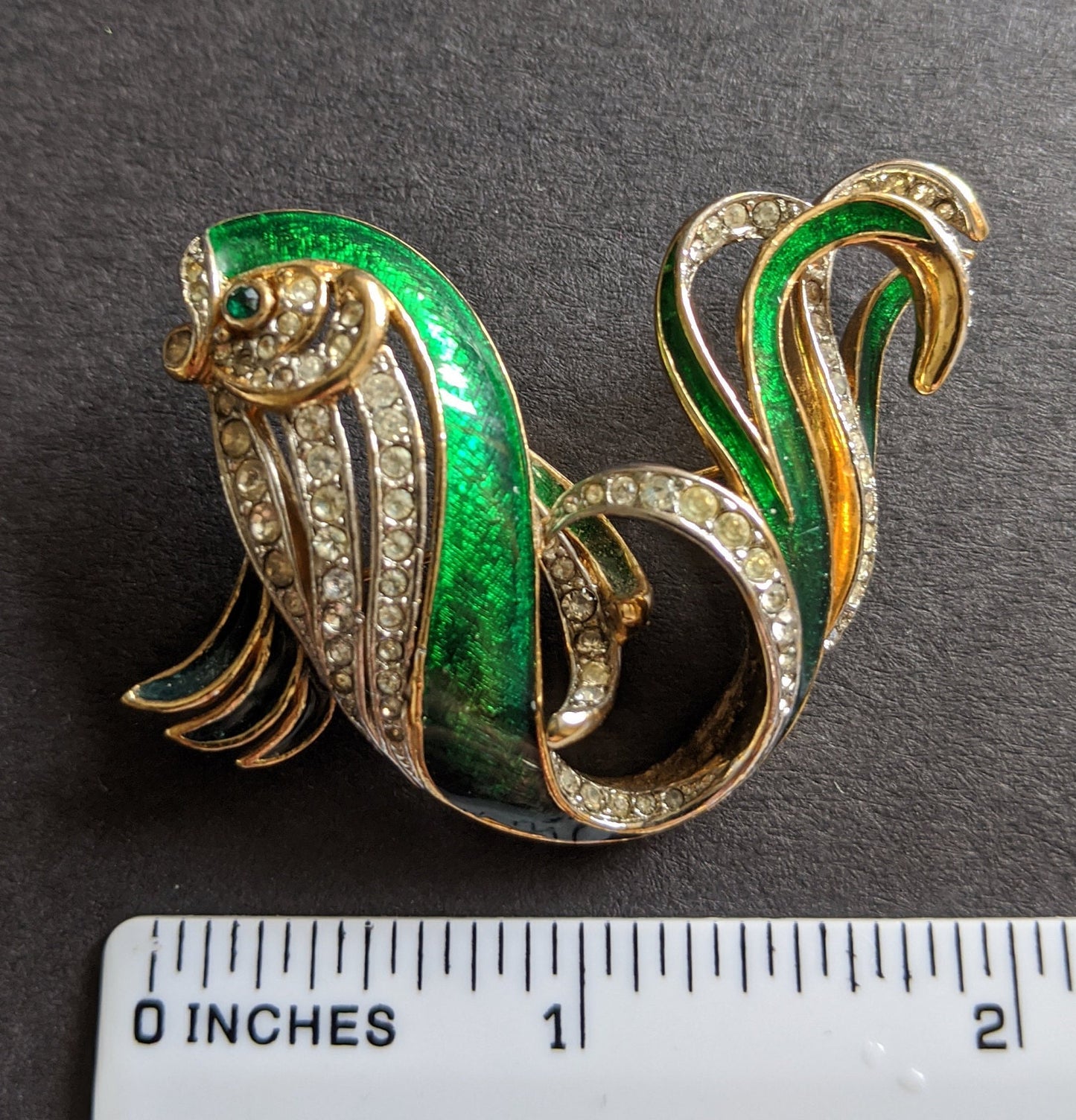 Vintage Attwood and Sawyer large fish brooch, gold plated, green enamel and rhinestone, signed A&S, uncommon design