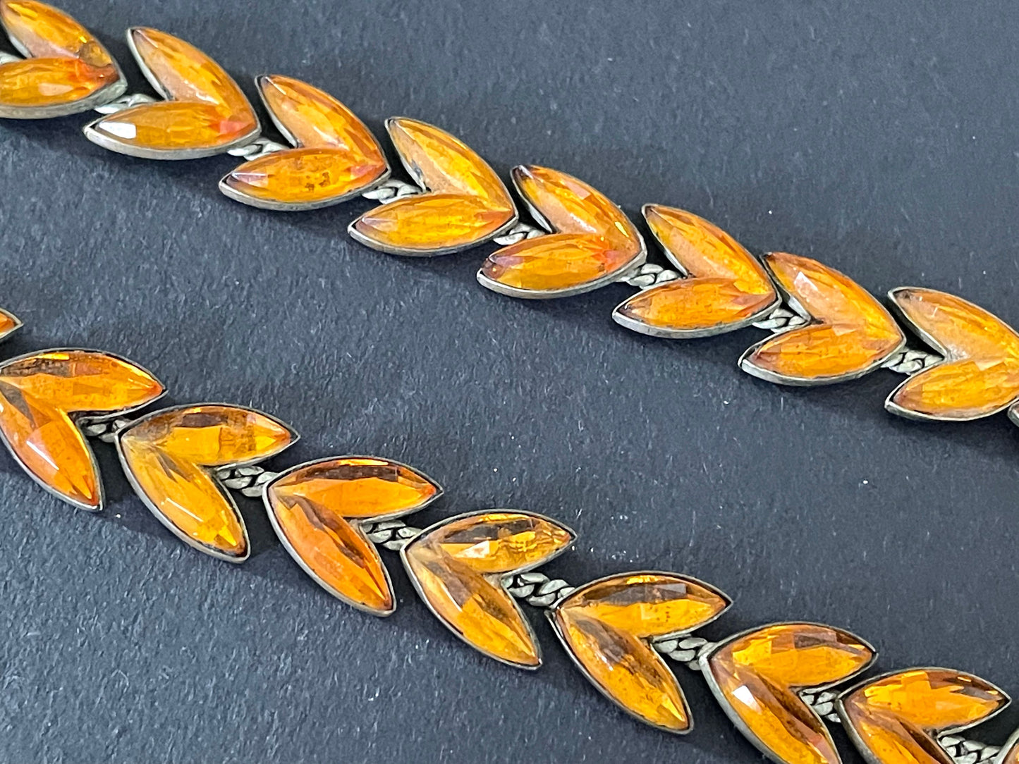 Vintage citrine yellow / topaz orange moulded Vauxhall style glass leaf design necklace, set in antique brassy gold tone