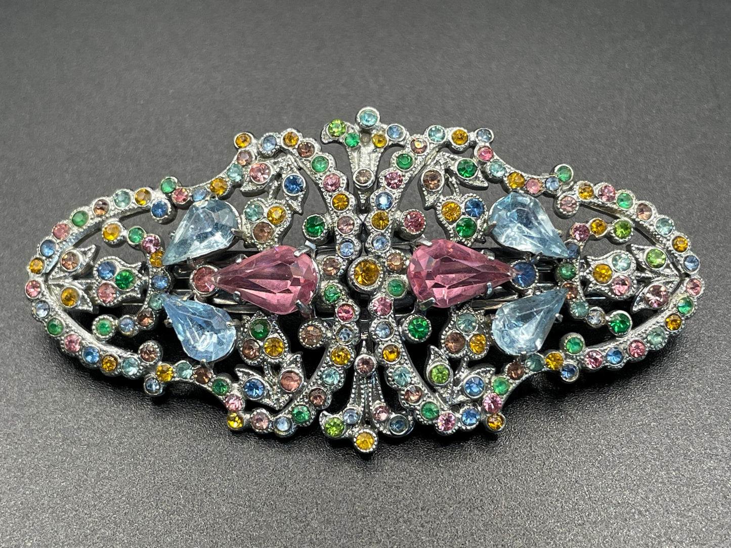 Vintage Art Deco Czech duette with multi-coloured rhinestones - a silver tone filigree brooch that can be converted to two dress clips