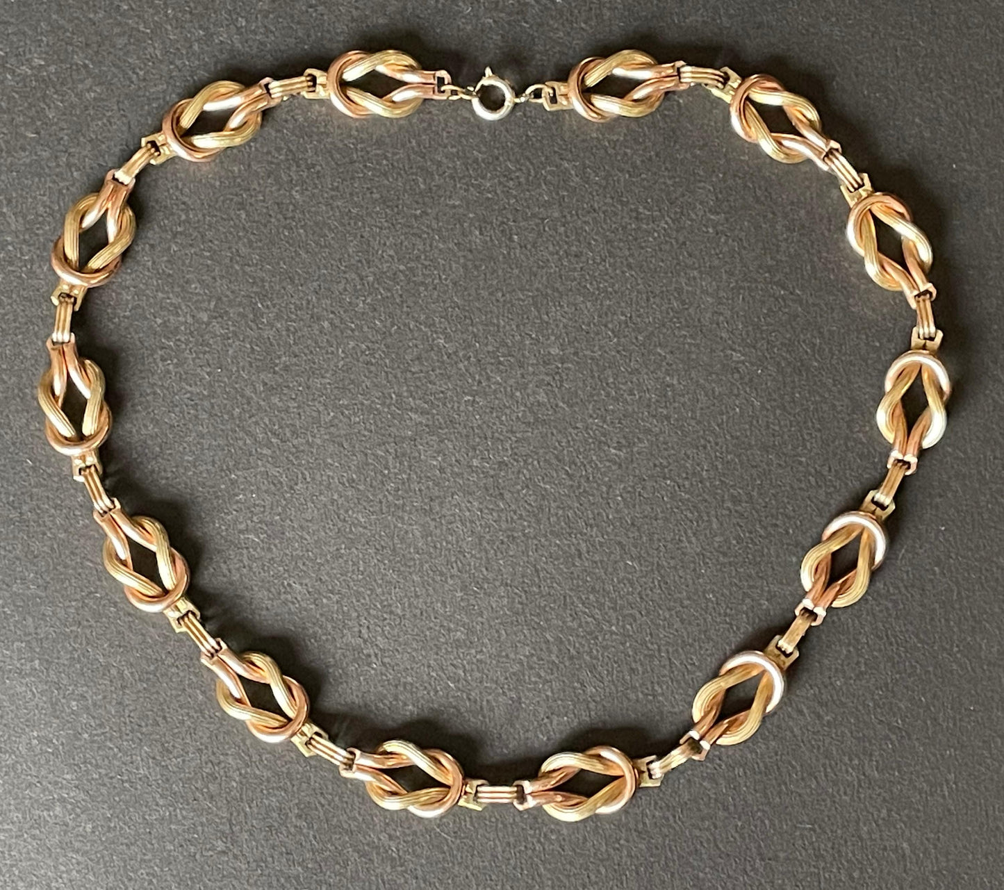 Vintage Art Deco reef knot necklace bi-colour 1/20 12K yellow / green and rose gold filled sterling silver, by GW in the 1930s