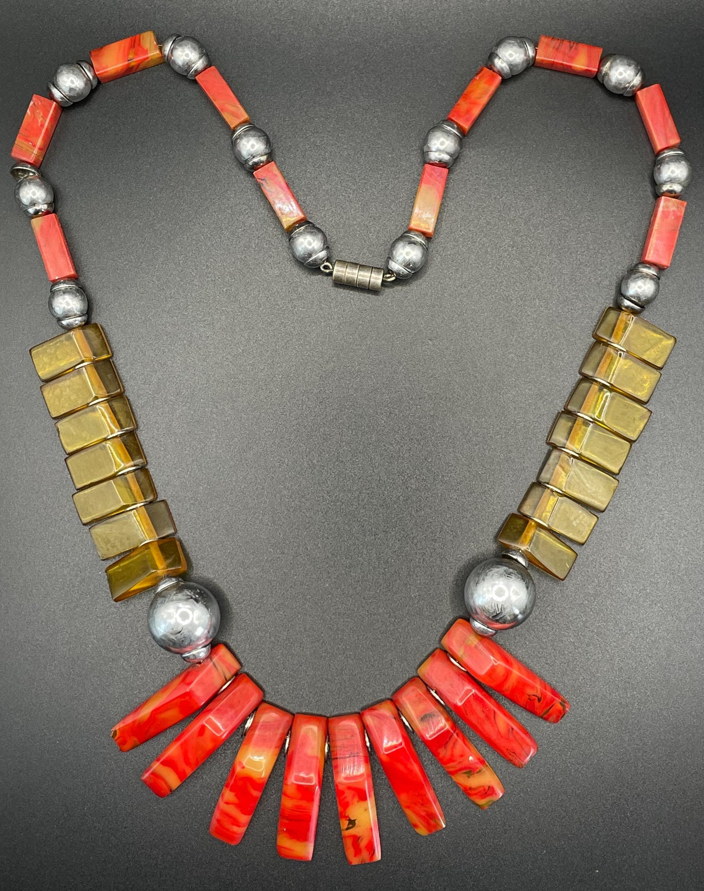 Vintage classic Art Deco geometric galalith (early plastic) bead fringe necklace, orange and chrome, on foxtail chain - Louis Rousselet ?