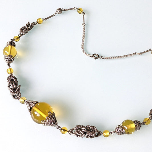 Vintage Art Deco yellow glass and chrome machine age necklace - Jakob Bengel attributed, mint condition, unusual colour