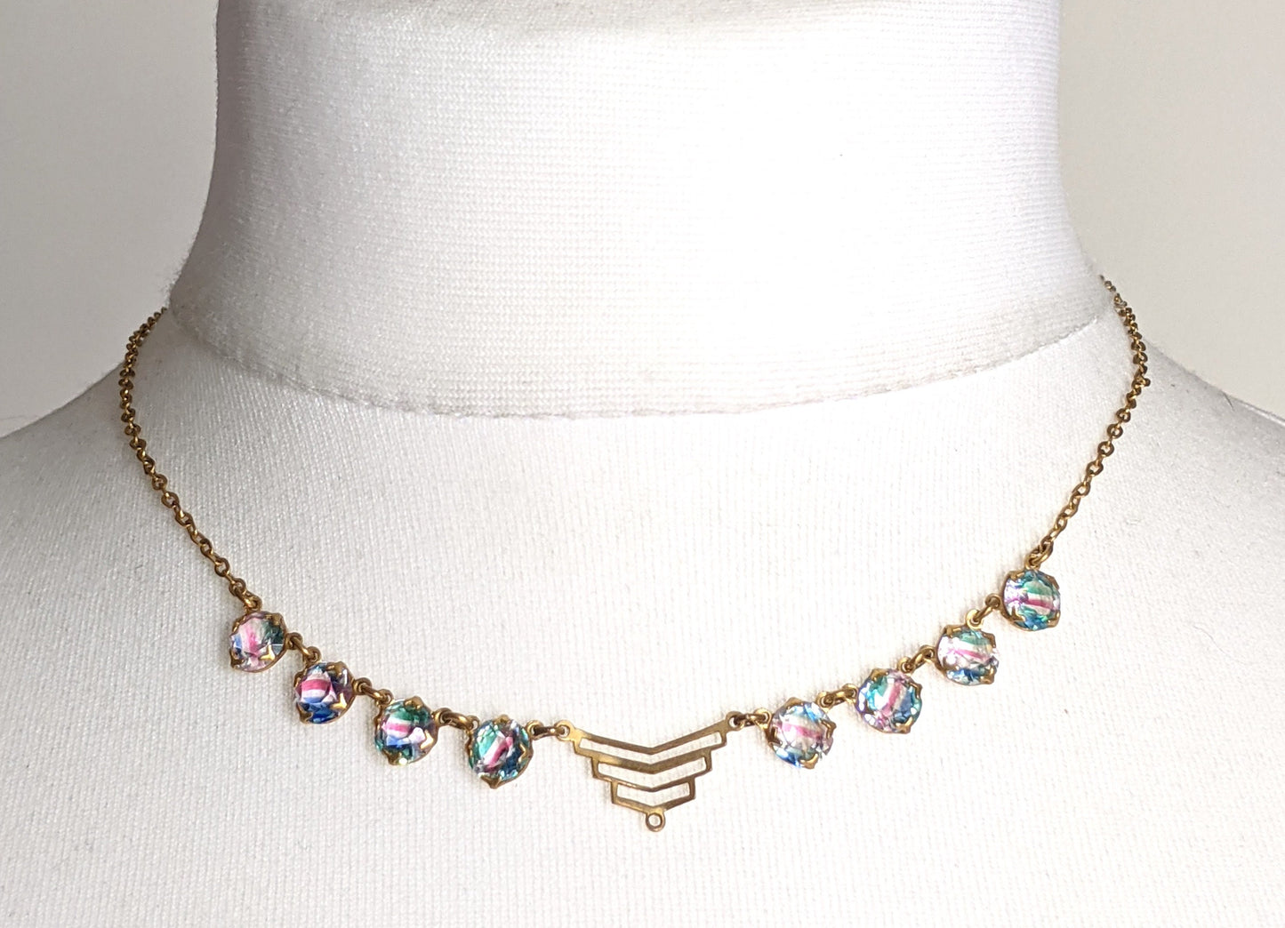 Vintage Art Deco crystal rhinestone delicate semi - riviere necklace, 2 different colours available, iris glass and pink