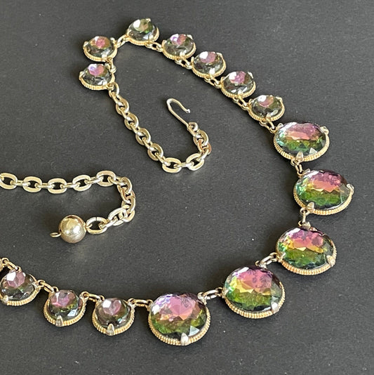 Vintage watermelon glass vitrail riviere necklace, heavy, graduated rhinestones set in gold tone, Schiaparelli style