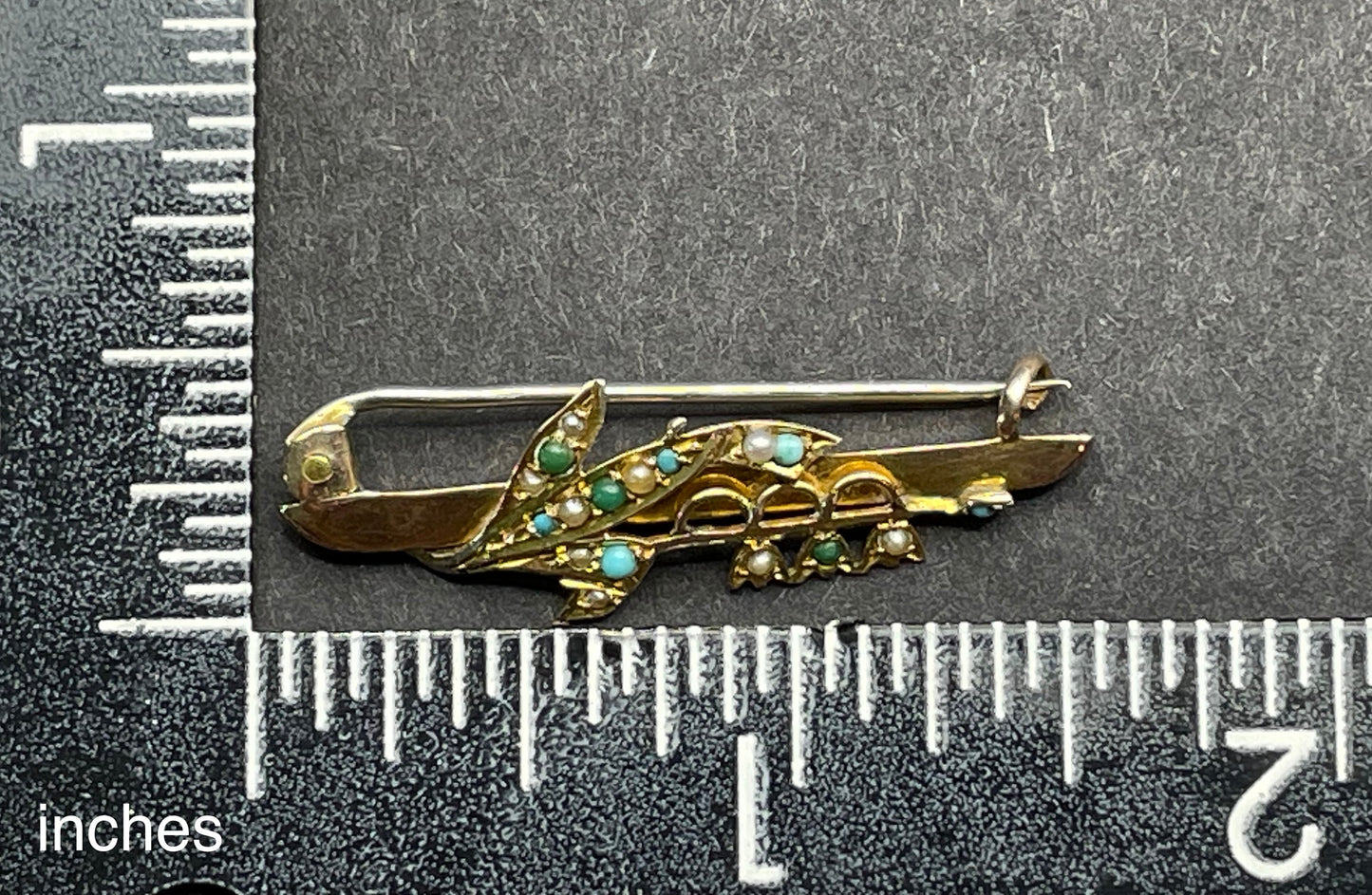 Antique floral lily of the valley brooch in 9ct gold decorated with real seed pearl cabochons and real Persian turquoise cabochons