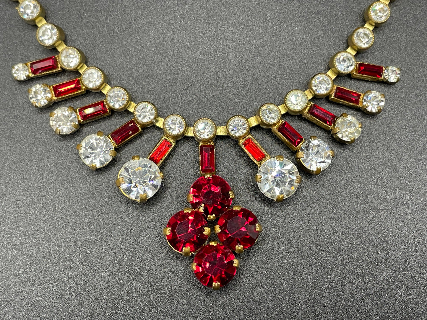 Vintage Art Deco Czech ice clear and ruby red crystal paste and gold tone choker necklace, clear collet set rhinestone riviere