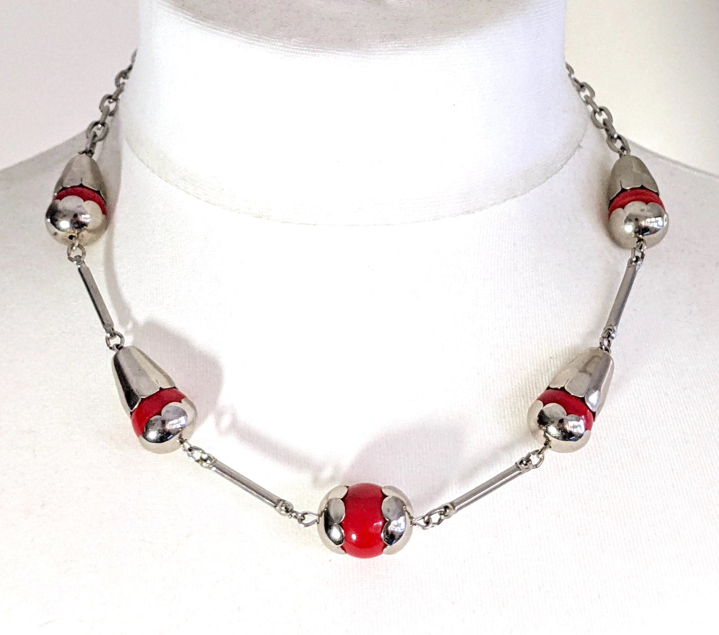 Vintage Jakob Bengel Art Deco machine age silver tone / chrome and bright red galalith bead chunky geometric statement necklace