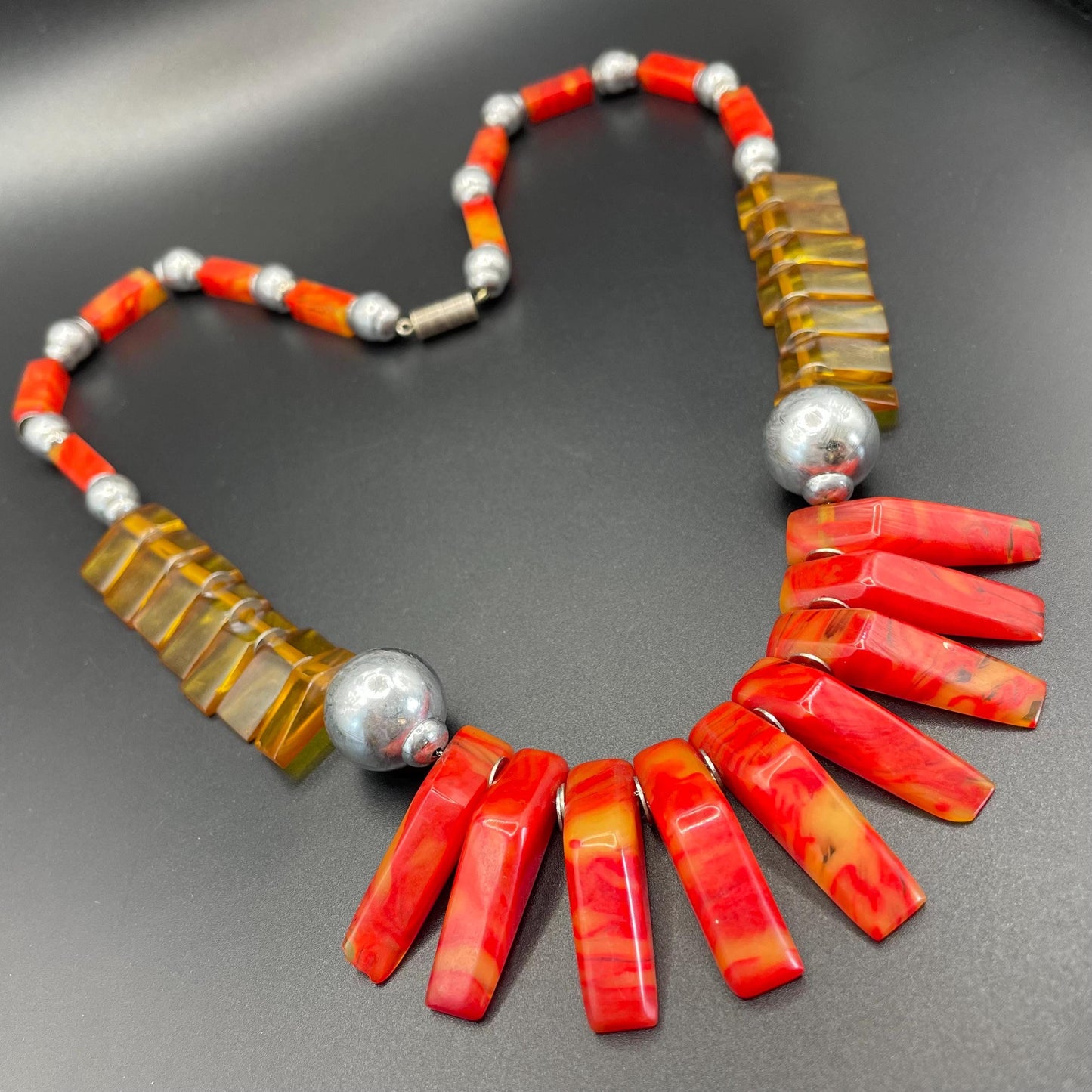 Vintage classic Art Deco geometric galalith (early plastic) bead fringe necklace, orange and chrome, on foxtail chain - Louis Rousselet ?